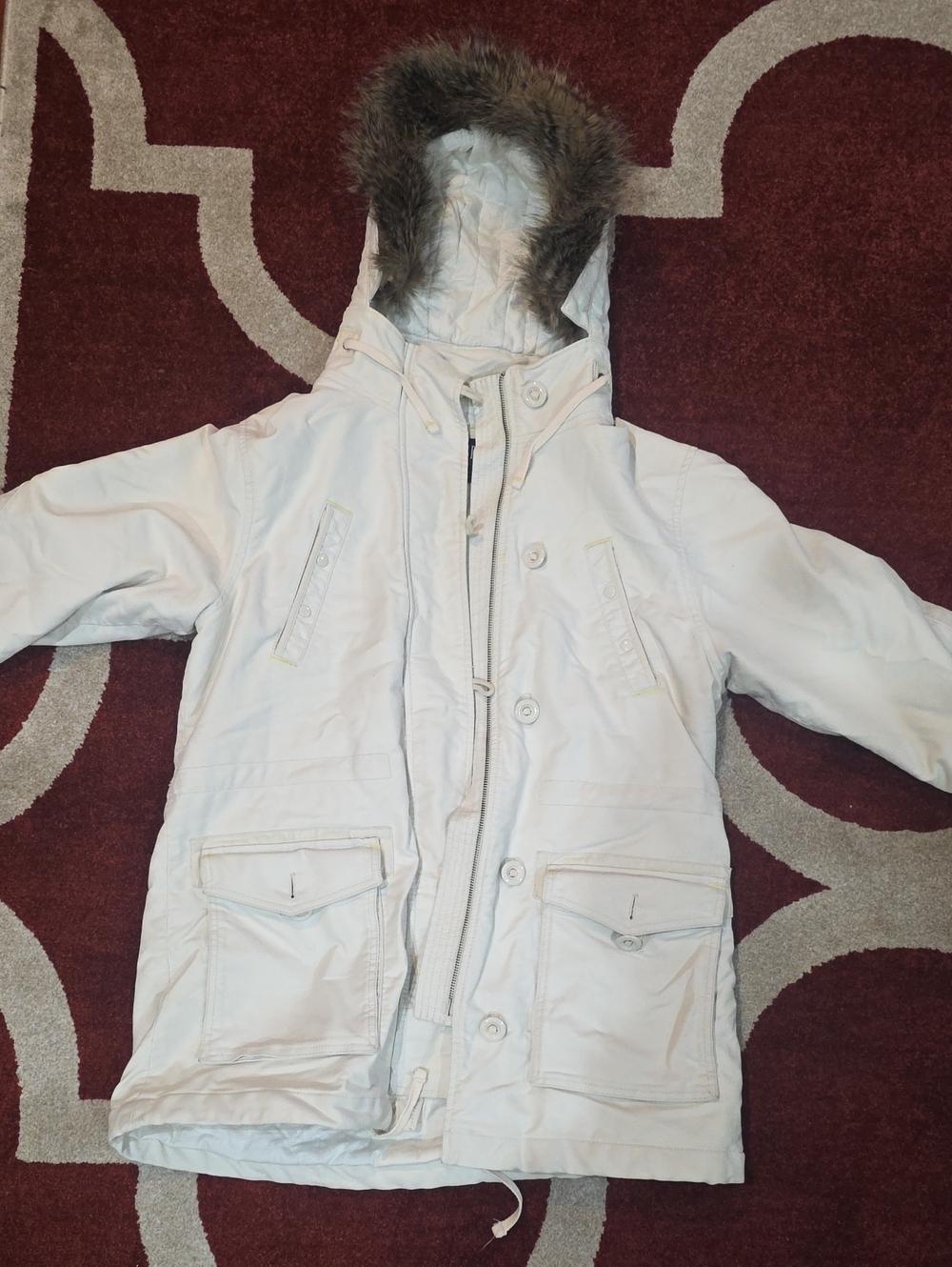 GAP Cream Hooded Puffer Coat with Faux-Fur Trim